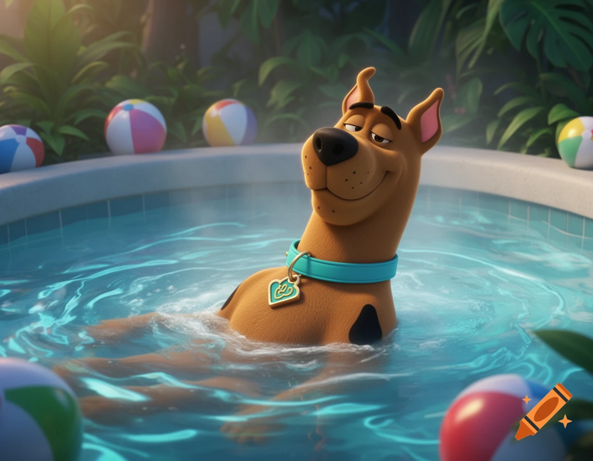 Scooby-Doo relaxing chest-deep in a hot tub, surrounded by beach balls and tropical plants, in a 3D animation style.