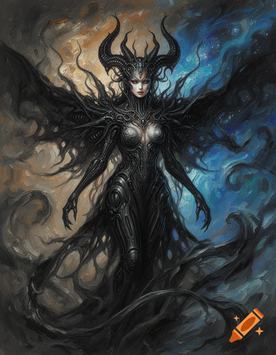 A dark fantasy painting of a horned, demonic empress in intricate biomechanical armor with flowing tendrils, against a swirling cosmic background.