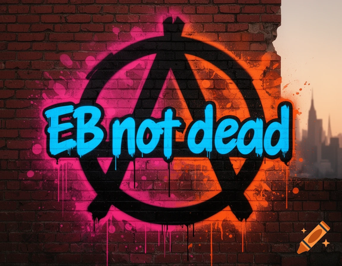 Graffiti of "EB not dead" in blue on a black anarchy symbol on a brick wall, with a blurry city skyline at sunset.