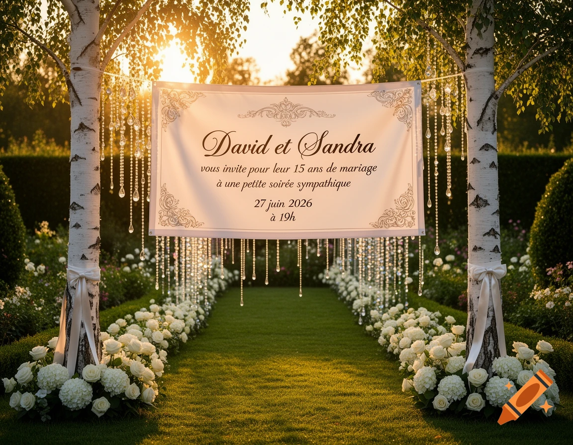 A romantic outdoor wedding anniversary setup with a banner between two birch trees, crystal garlands, and white flowers lining a green aisle at sunset.