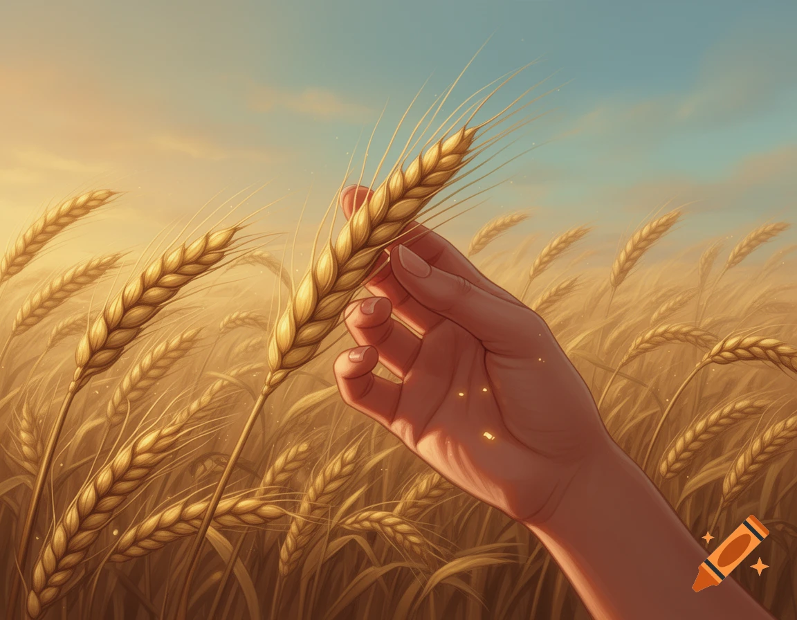 Illustrated close-up of a hand gently touching a stalk of wheat in a golden field under a blue sky.