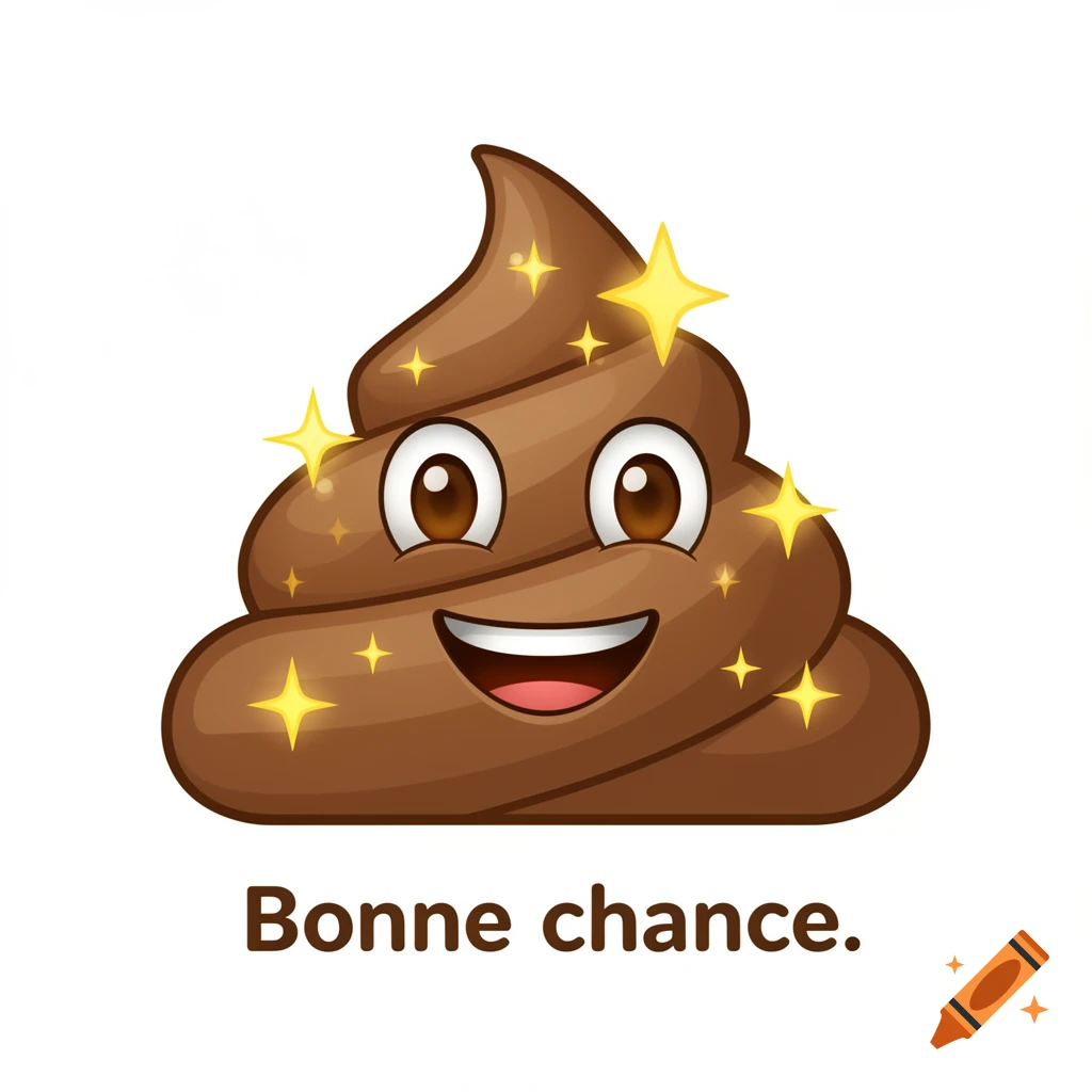 A smiling cartoon poop emoji covered in yellow sparkles, with the text 'Bonne chance.' below it.