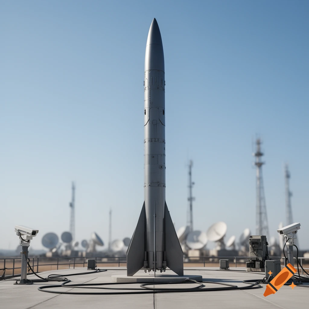 A tall, grey missile stands upright on a concrete pad surrounded by security cameras and radar dishes under a clear blue sky.