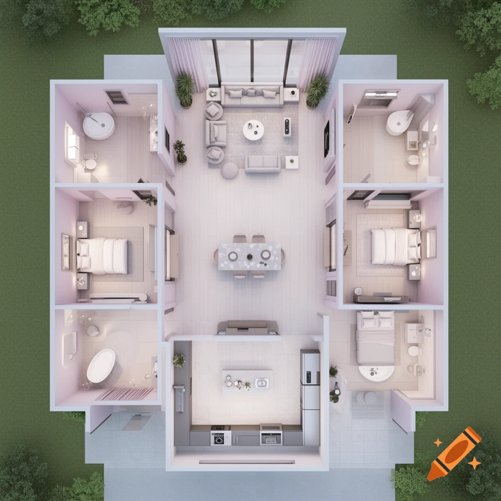 Aerial view of a modern house floor plan with multiple bedrooms, bathrooms, a kitchen, and a living room, rendered in light pink and grey tones.
