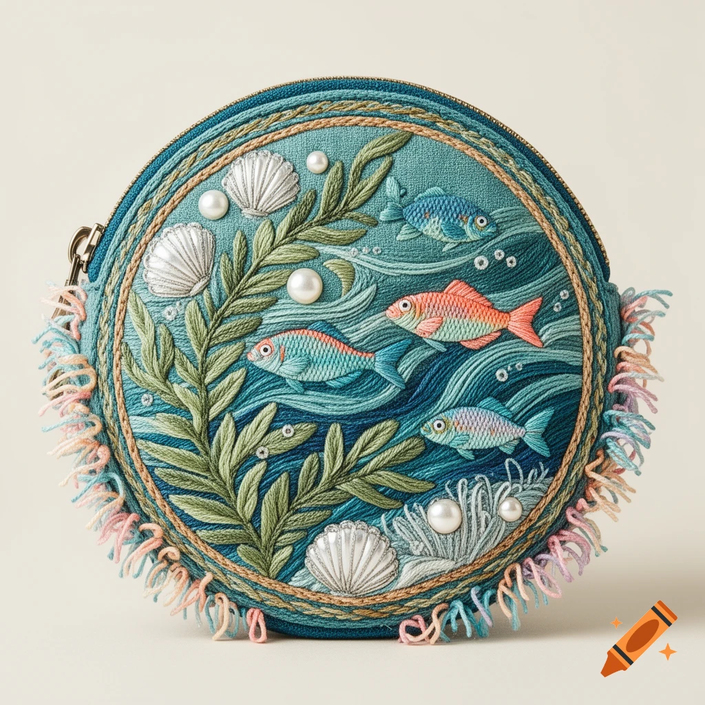 A detailed circular embroidered purse featuring an underwater scene with colorful fish, shells, and green seaweed.