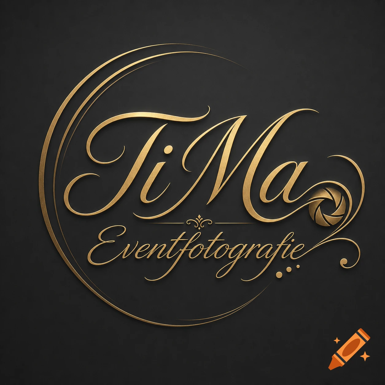 Elegant gold 3D logo for 'TiMa Eventfotografie' in script font, featuring a stylized camera aperture on a dark background.