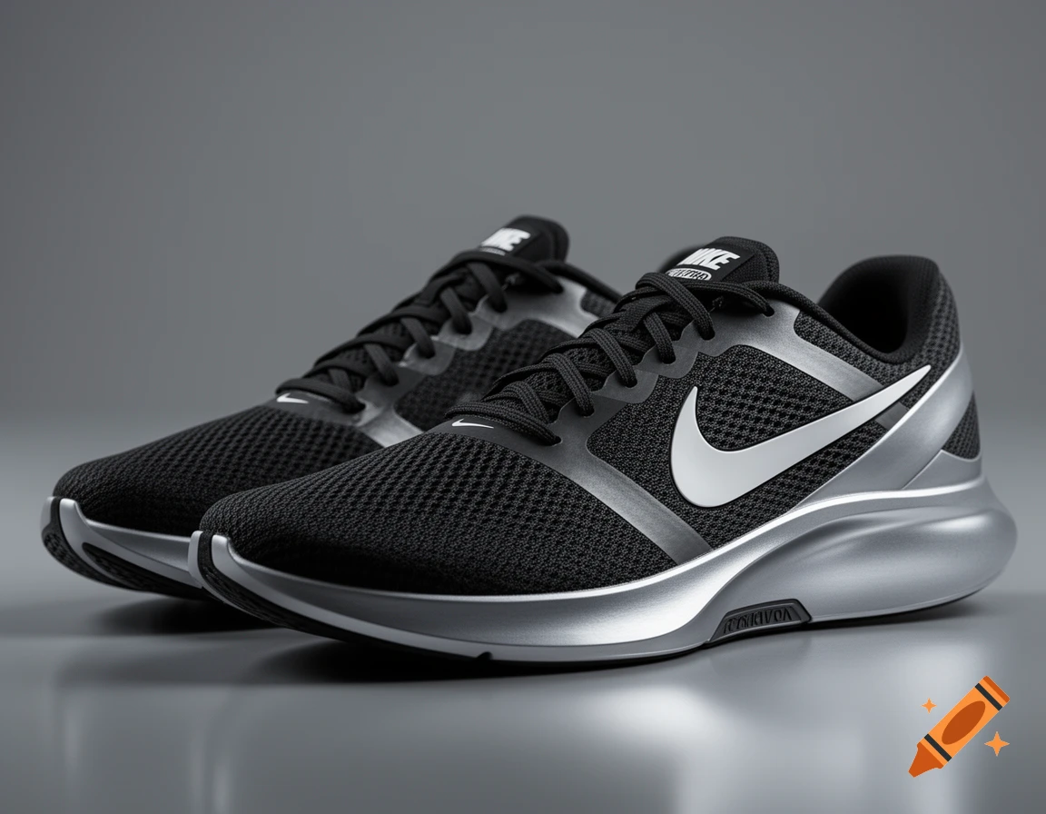 A pair of black and silver Nike running shoes with mesh uppers and prominent white swooshes, photographed against a neutral grey background.