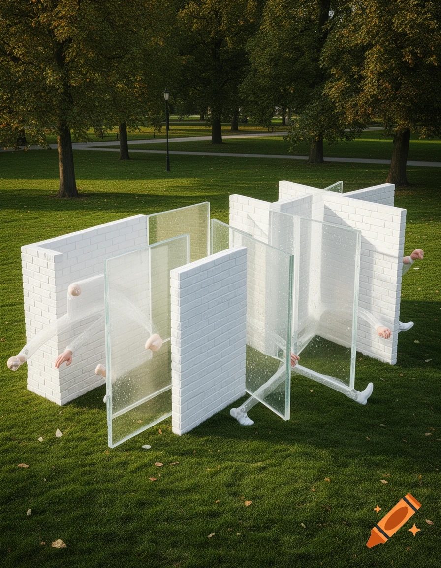 Surreal image of human hands and feet emerging from white brick walls and glass panels in a sunny park.