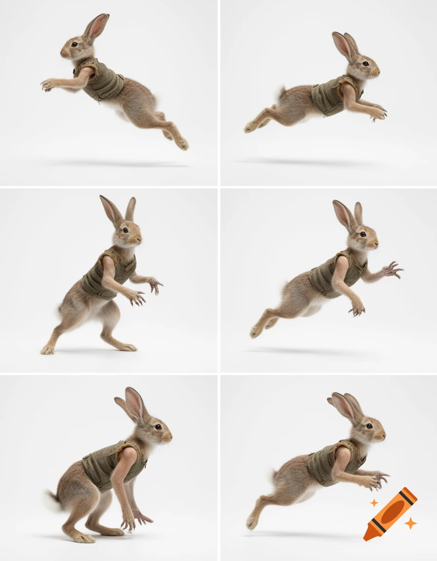 Six photorealistic rabbit-human hybrids in various action poses, wearing green vests, on a white background.