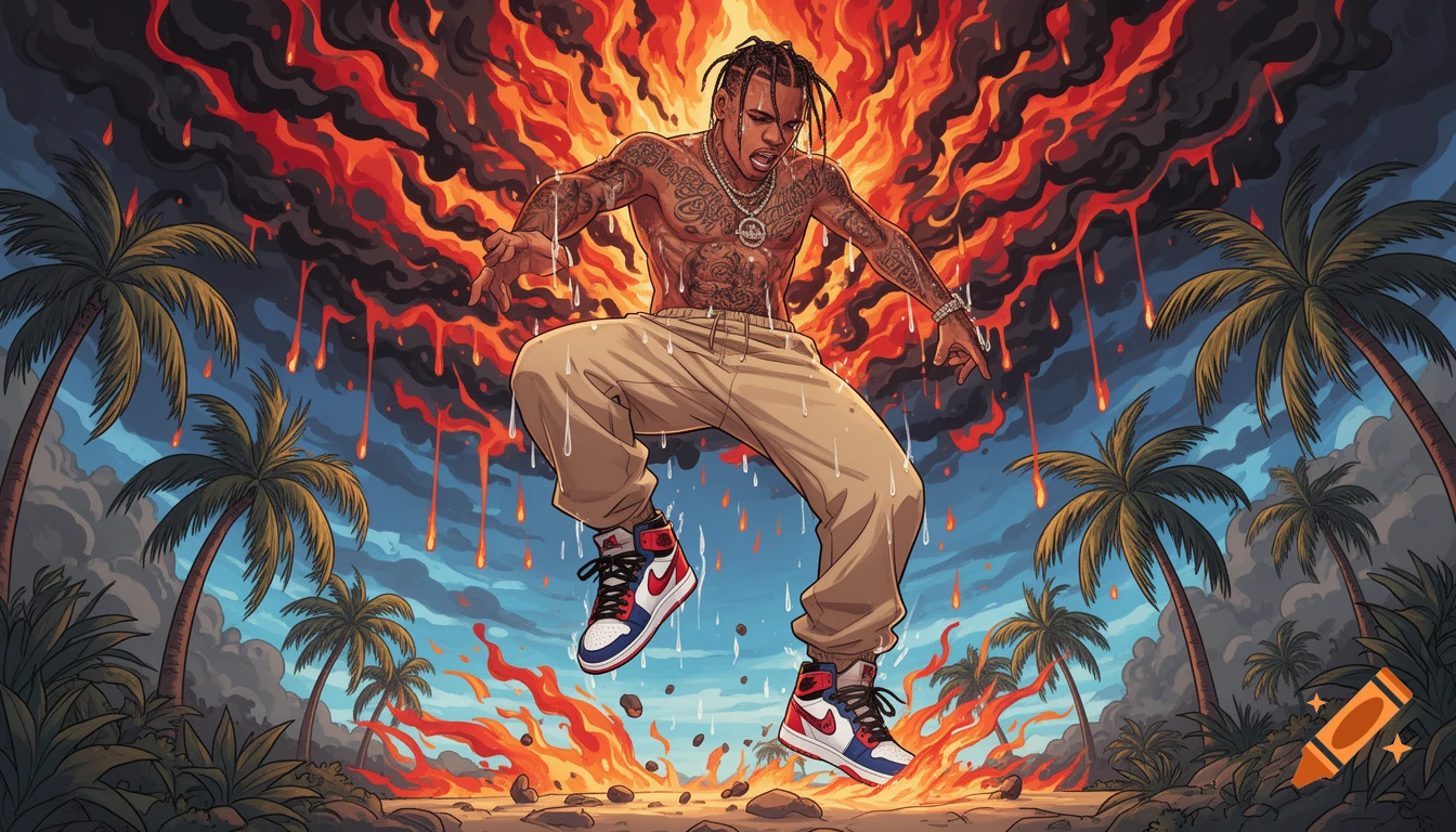 Anime-style Travis Scott, shirtless and tattooed, leaps over a fiery island landscape with raining lava, wearing beige pants and Air Jordans.