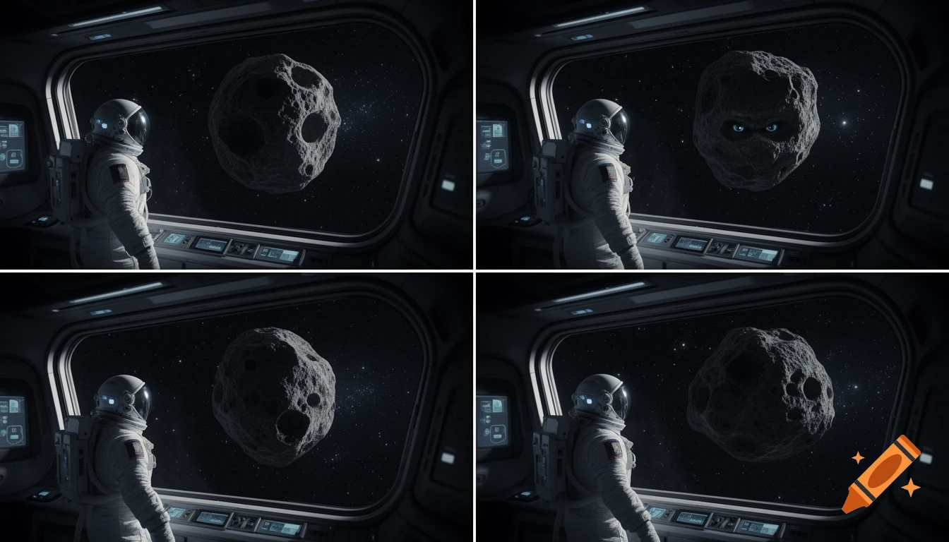An astronaut in a spaceship looks out a window at a large asteroid with glowing blue eyes in deep space, split into four panels.