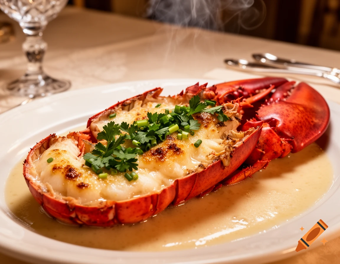 Photorealistic image of a steaming baked lobster in cream sauce, topped with fresh herbs, served on a white plate.
