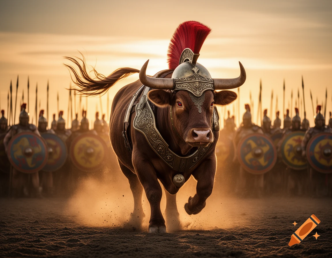 Photorealistic image of a cow in Spartan armor and helmet running across dusty ground, with Spartan warriors in the background at sunset.