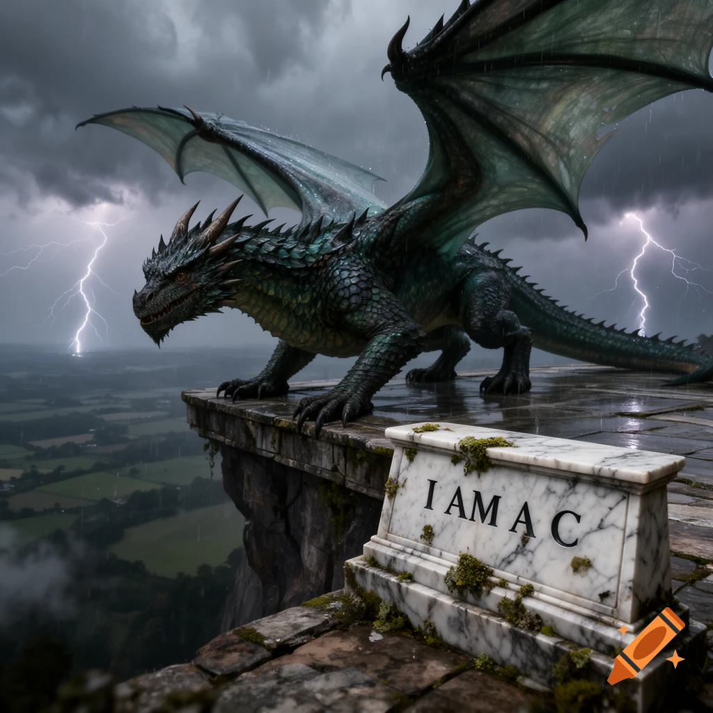 A green dragon perches on a cliff overlooking a valley, under a stormy sky with lightning. A marble tombstone reads 'I AM A C'.