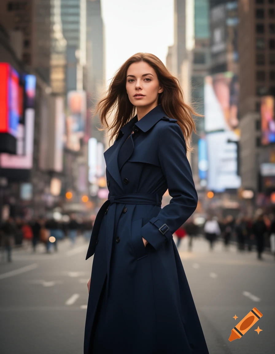 A photorealistic image of a woman in a dark blue trench coat standing on a city street.