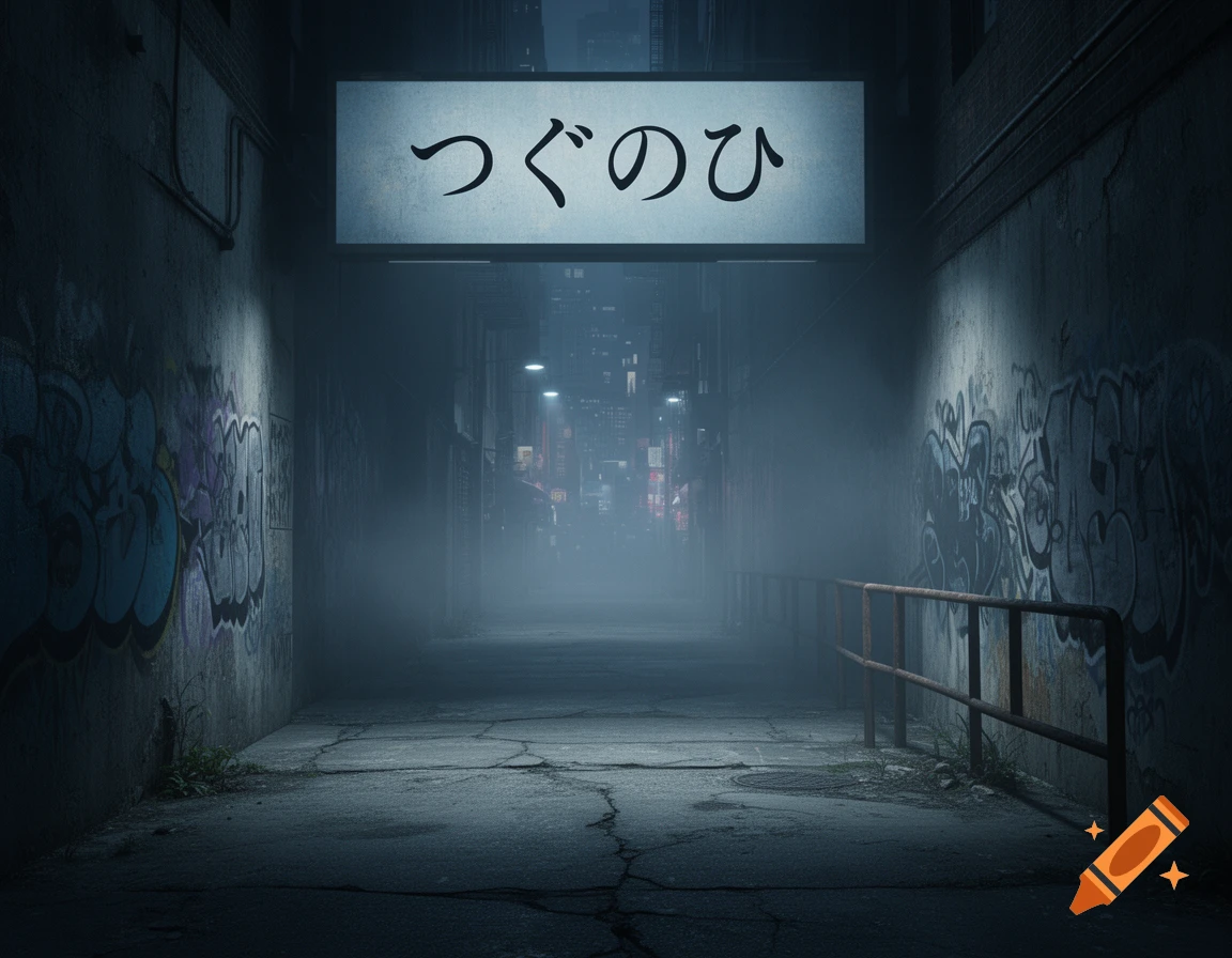 A dark, foggy urban alleyway with graffiti-covered walls, a glowing sign displaying Japanese characters ' ', and a rusty railing leading into the distance.