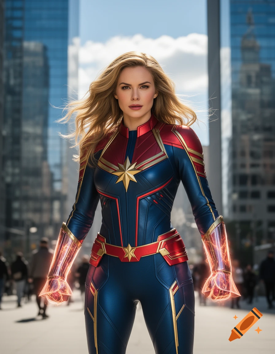 Photorealistic image of Captain Marvel in her blue, red, and gold suit, with glowing forearms, standing confidently in a city street.