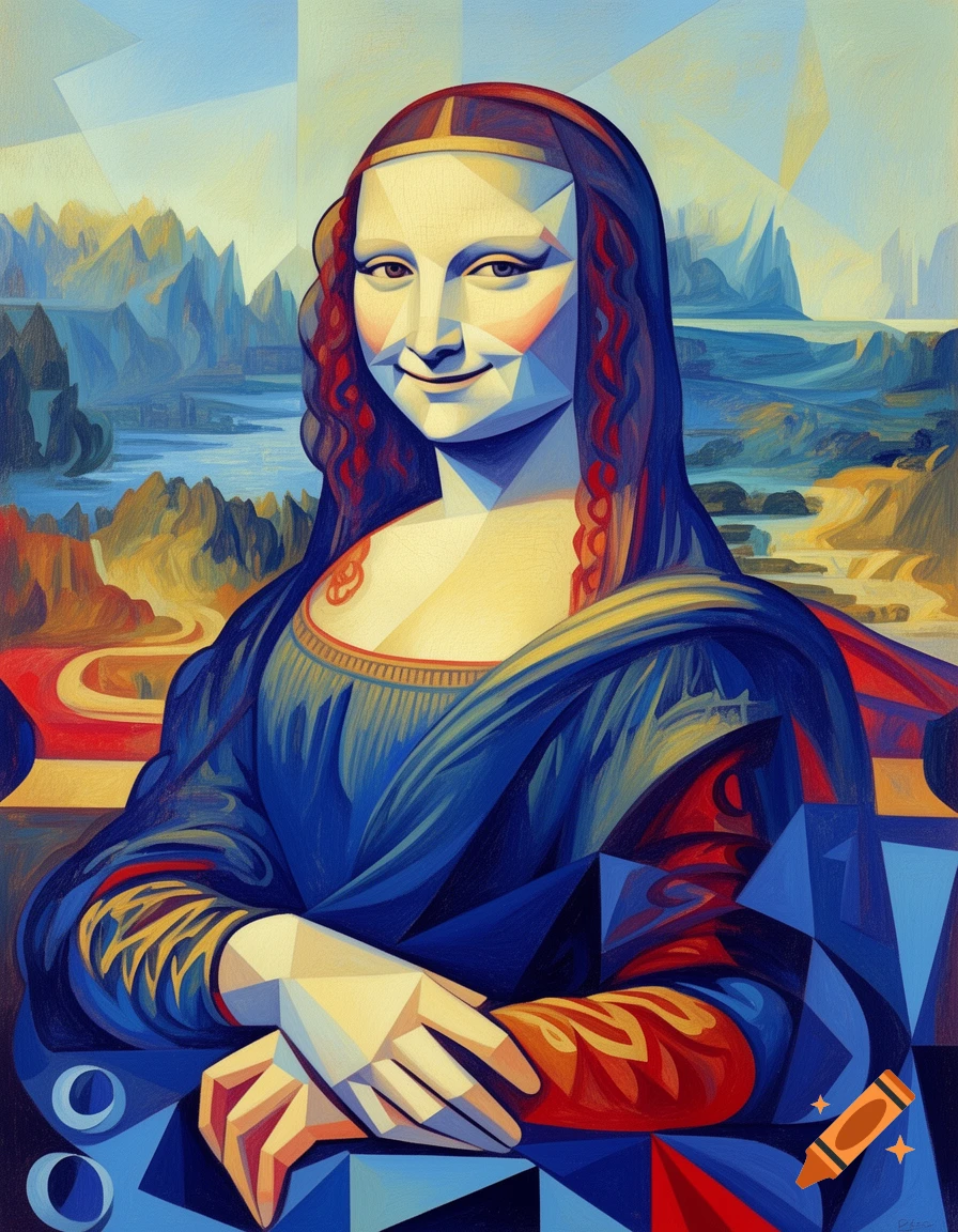 A colorful Cubist painting of the Mona Lisa, featuring geometric facets and bold blues, reds, and yellows.