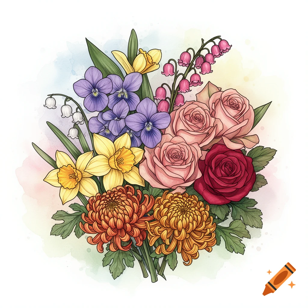 Illustrated bouquet featuring pink and red roses, yellow daffodils, purple violets, white lily of the valley, pink bells, and orange chrysanthemums on a subtle watercolor background.