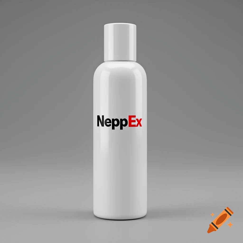 A glossy white cylindrical bottle with 'NeppEx' in black and red text on a gray background.