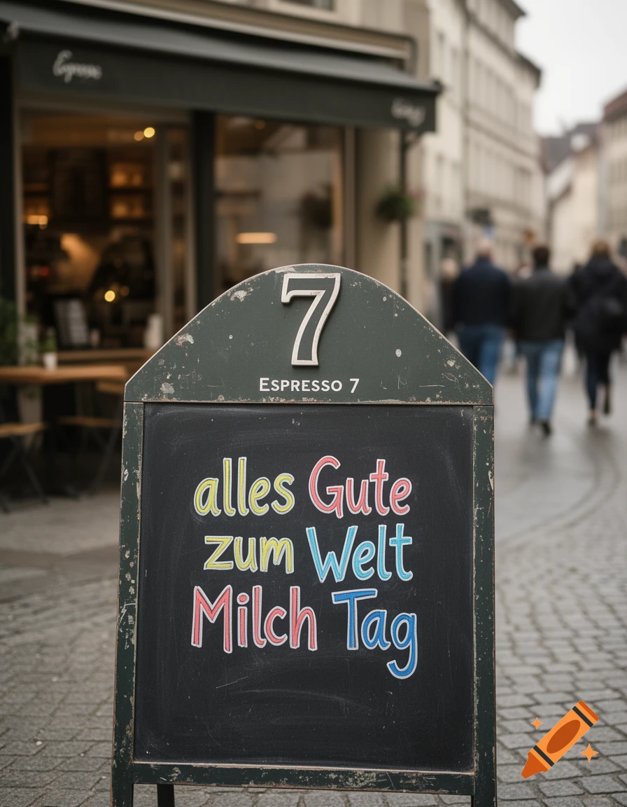 A photorealistic image of a chalkboard sign on a city street, reading "alles Gute zum Welt Milch Tag", in front of "Espresso 7" coffee shop.