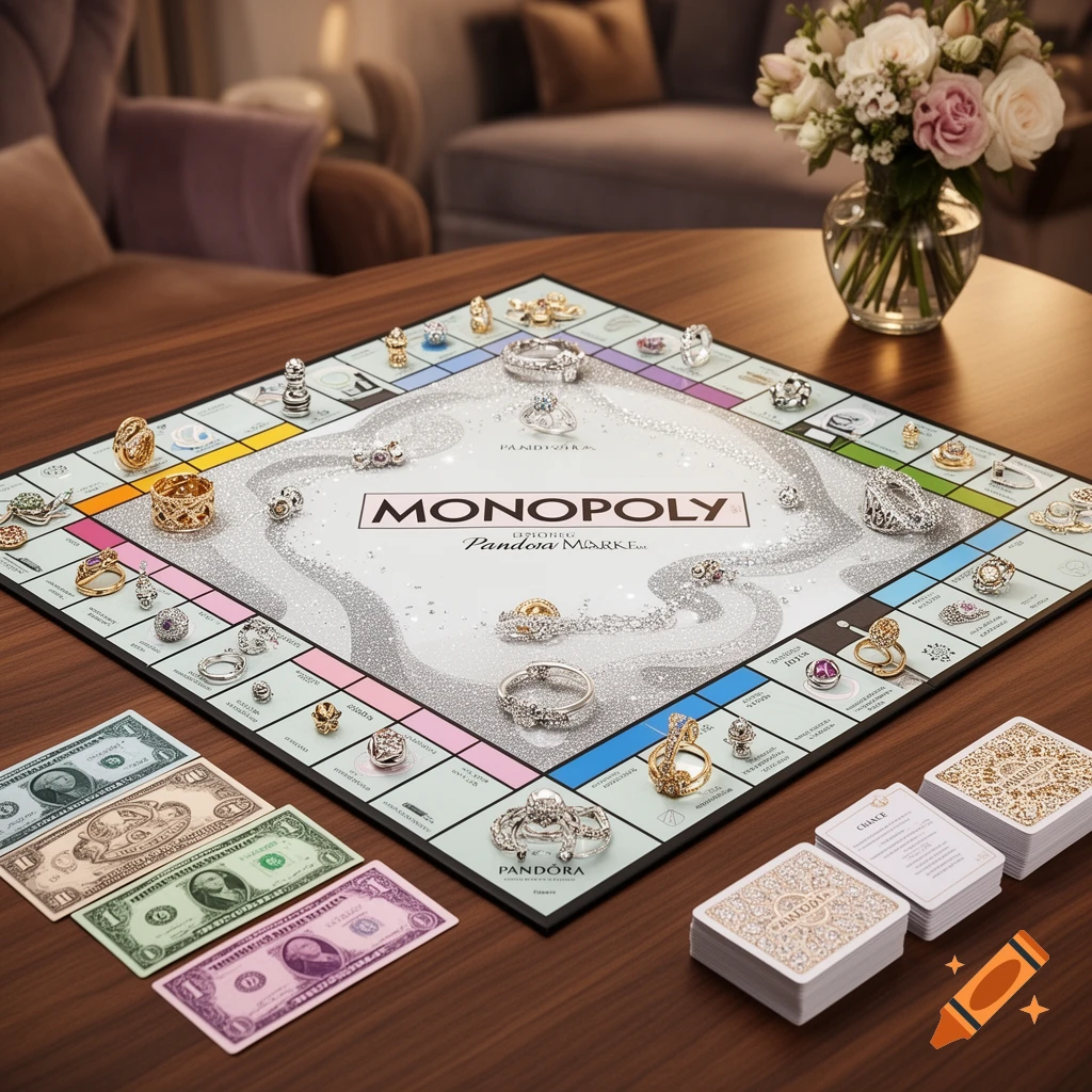 A custom Pandora-themed Monopoly board game with rings and charms as game pieces, surrounded by play money and cards on a wooden table. A vase of flowers is in the background.