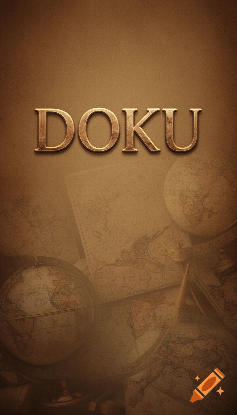 Golden 'DOKU' text floats above a sepia-toned background featuring faded vintage world maps and globes.