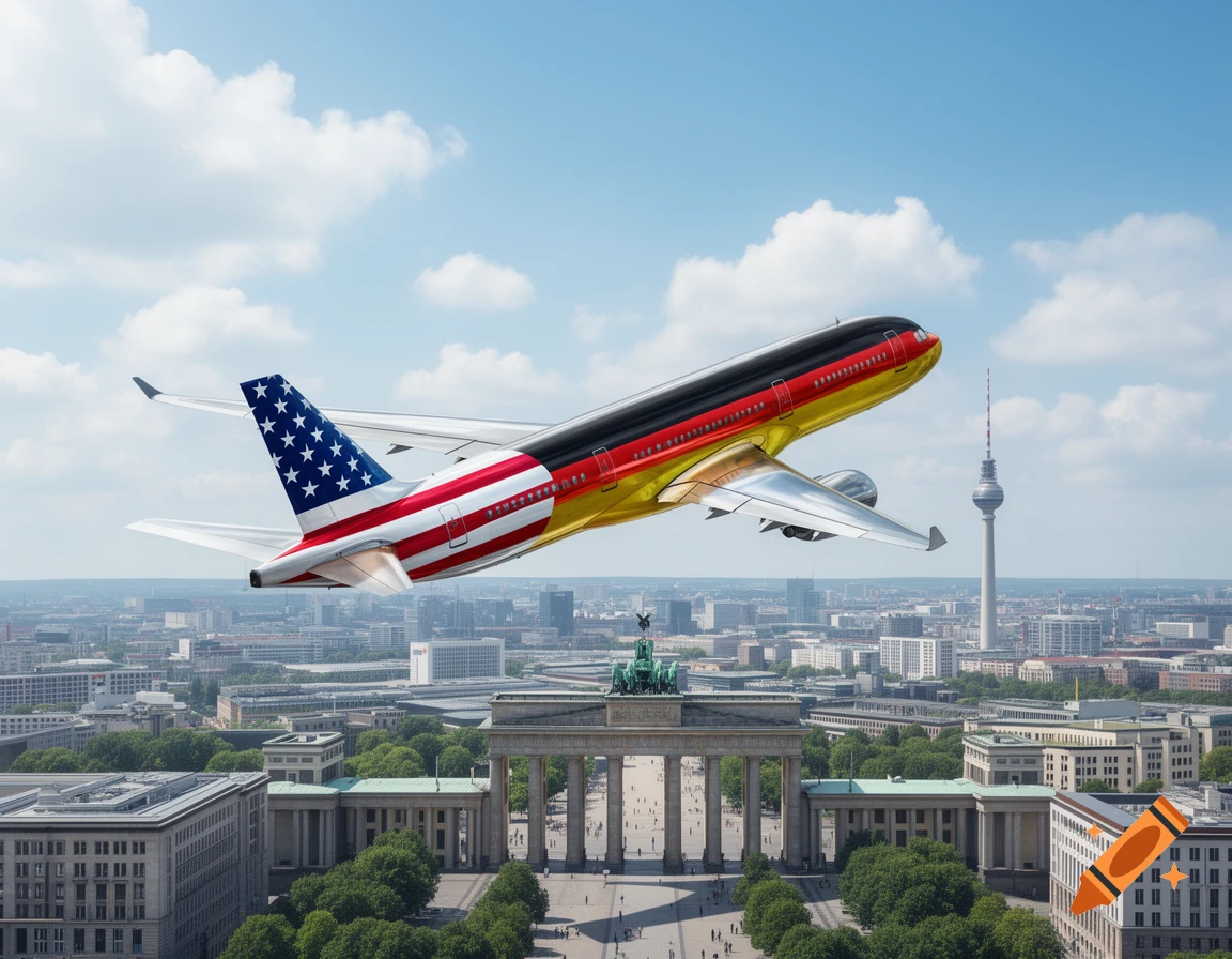 An airplane with a US flag on its tail and a German flag on its fuselage flies over Berlin, with the Brandenburg Gate and TV Tower visible.