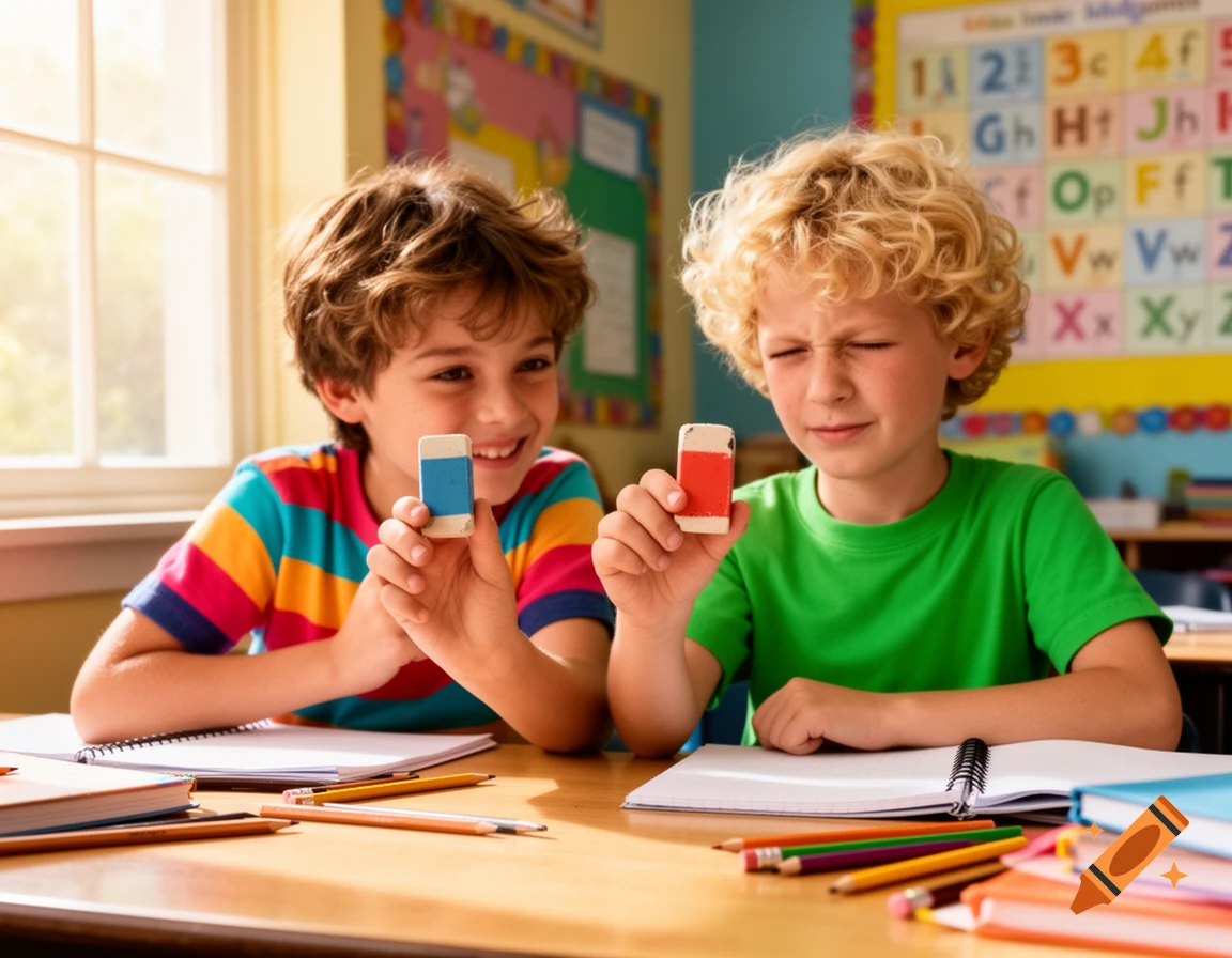 Two young boys in a sunlit classroom compare erasers at a wooden desk filled with notebooks and pencils. One boy smiles holding a clean blue eraser, while the other squints at a dirty red one.