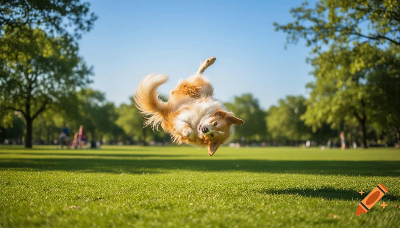 A photorealistic image of a tan and white dog doing a backflip, suspended in the air over a green grassy park.
