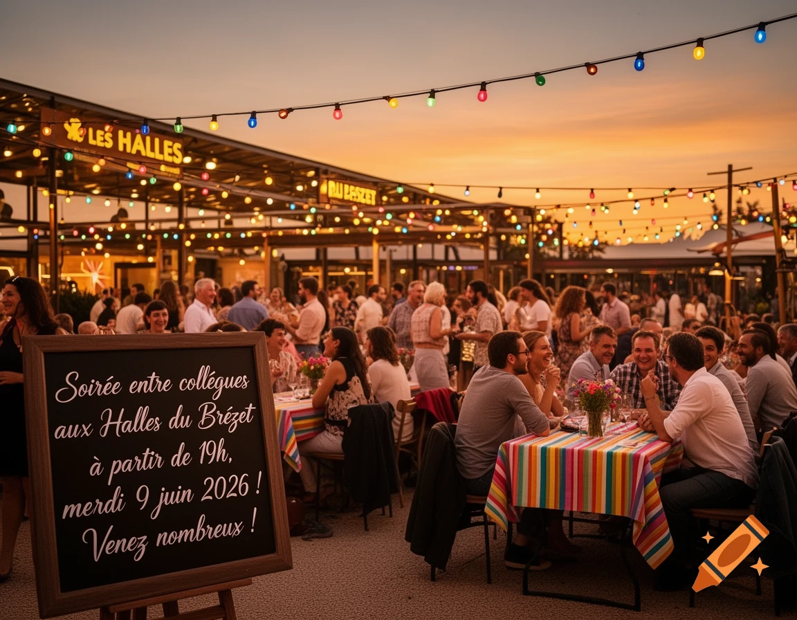 People enjoying an outdoor evening event with string lights and a sunset sky, a chalkboard sign advertising a colleagues' party.
