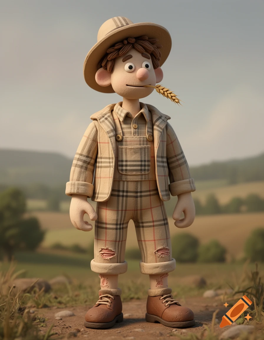 A claymation character resembling a young farm boy in a beige plaid outfit and hat, holding a wheat stalk in his mouth, stands in a rural landscape.