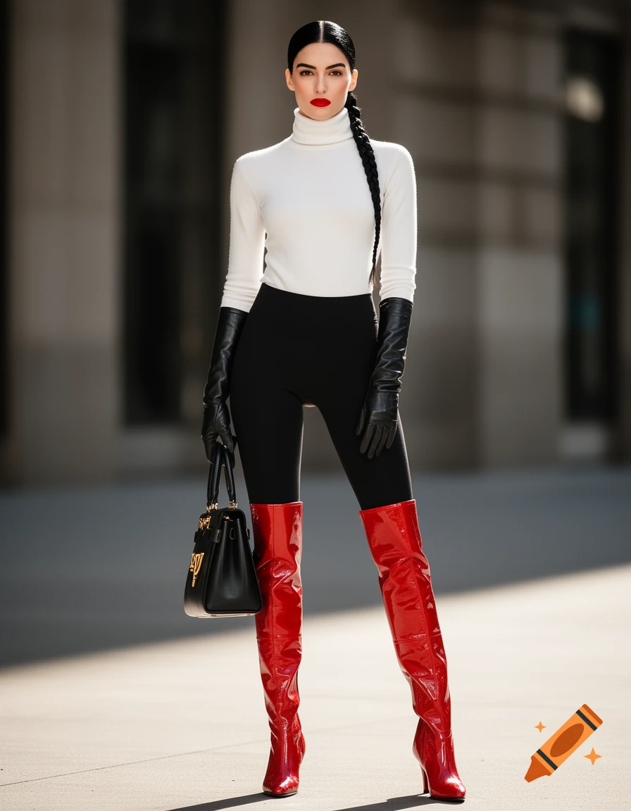 A woman in a white turtleneck, black leggings, long black gloves, red over-the-knee boots, and a black handbag stands on a city street.