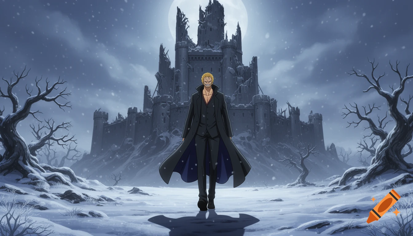 An anime-style man in a dark coat walks through a snowy landscape towards a ruined castle under a full moon.