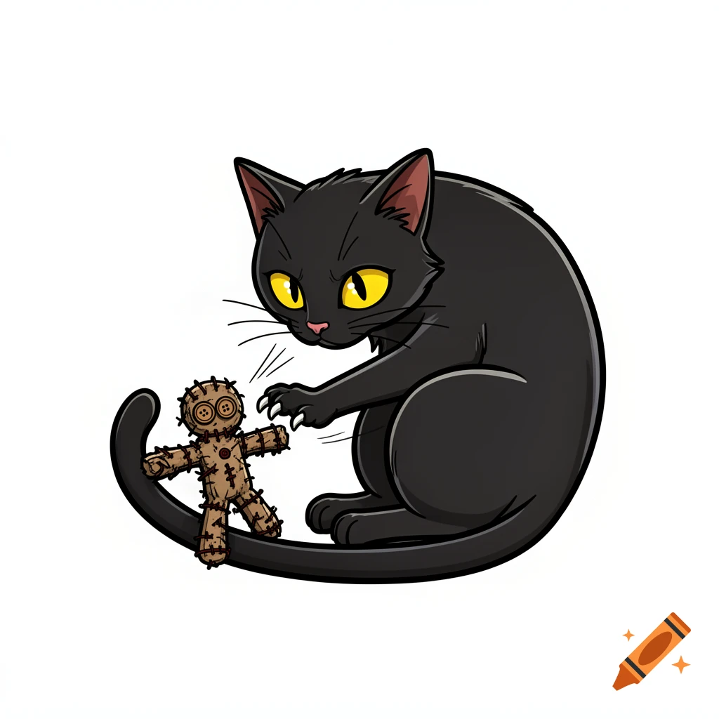 A cute cartoon black cat with bright yellow eyes bats playfully at a small, stitched voodoo doll.