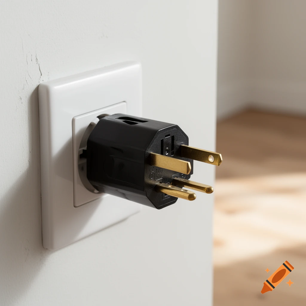 A black 3-prong electrical plug partially pulled out of a white wall socket.