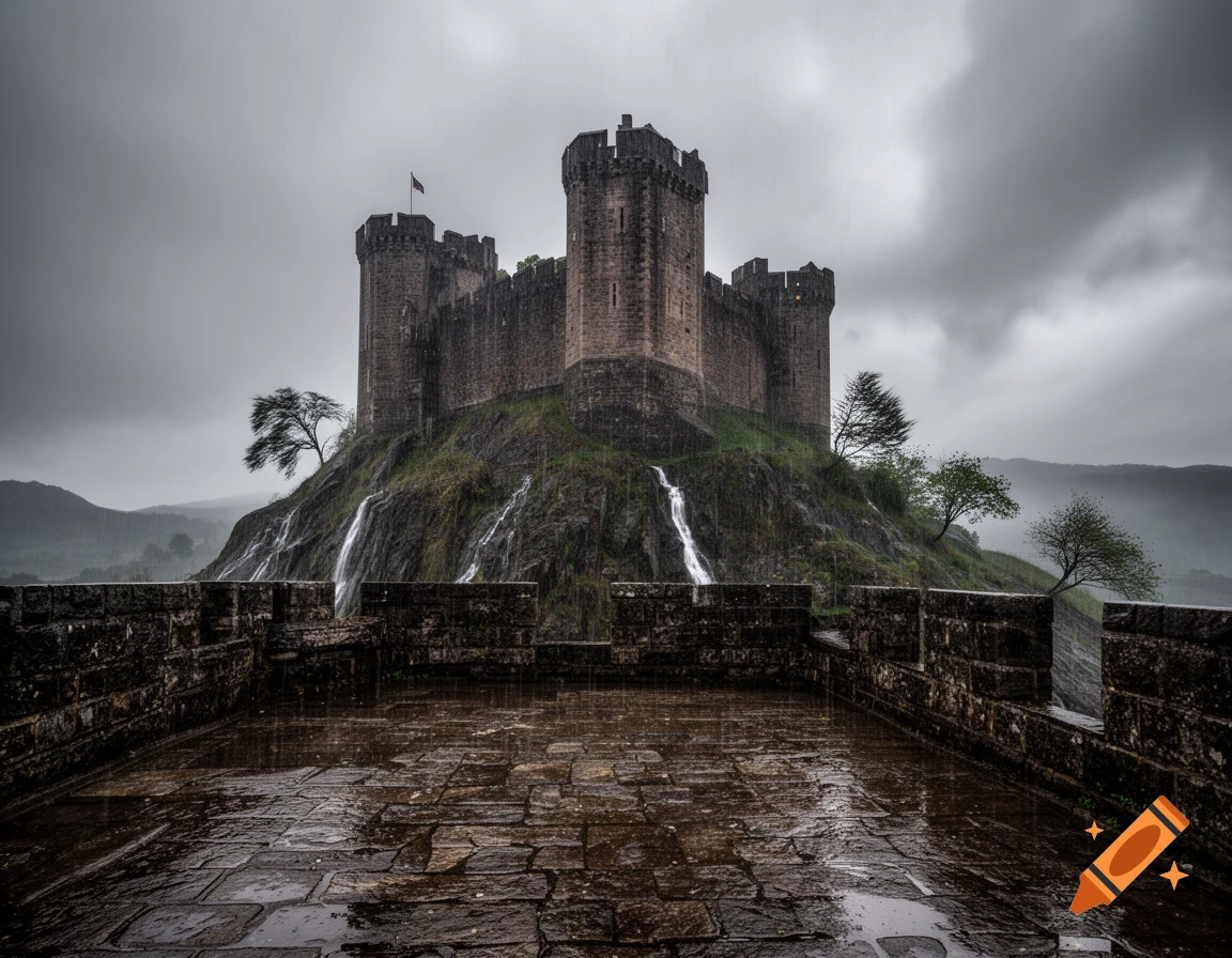 A photorealistic old stone castle with multiple towers on a rocky hill with waterfalls, viewed from a wet stone patio in heavy rain under a dark, stormy sky.