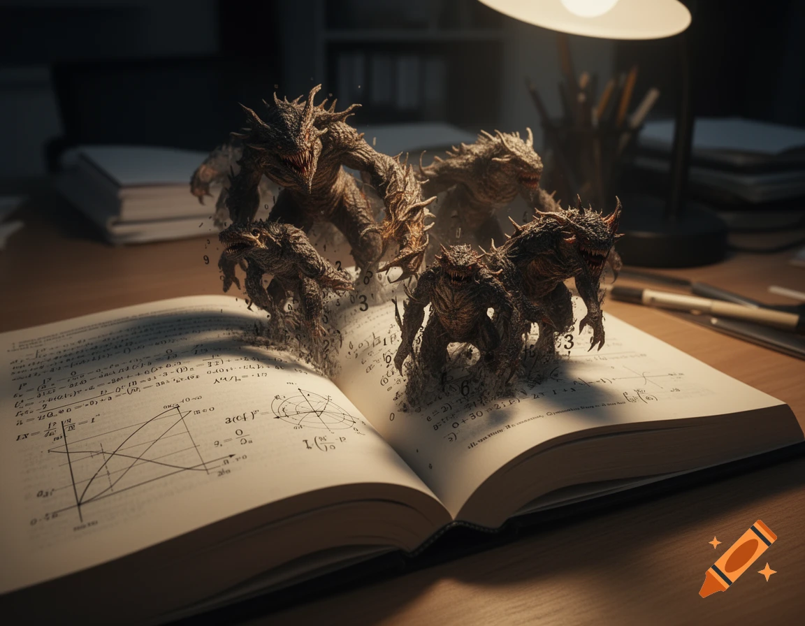 Dark, scaly monsters with sharp teeth and claws erupt from an open math textbook on a dimly lit desk under a lamp.