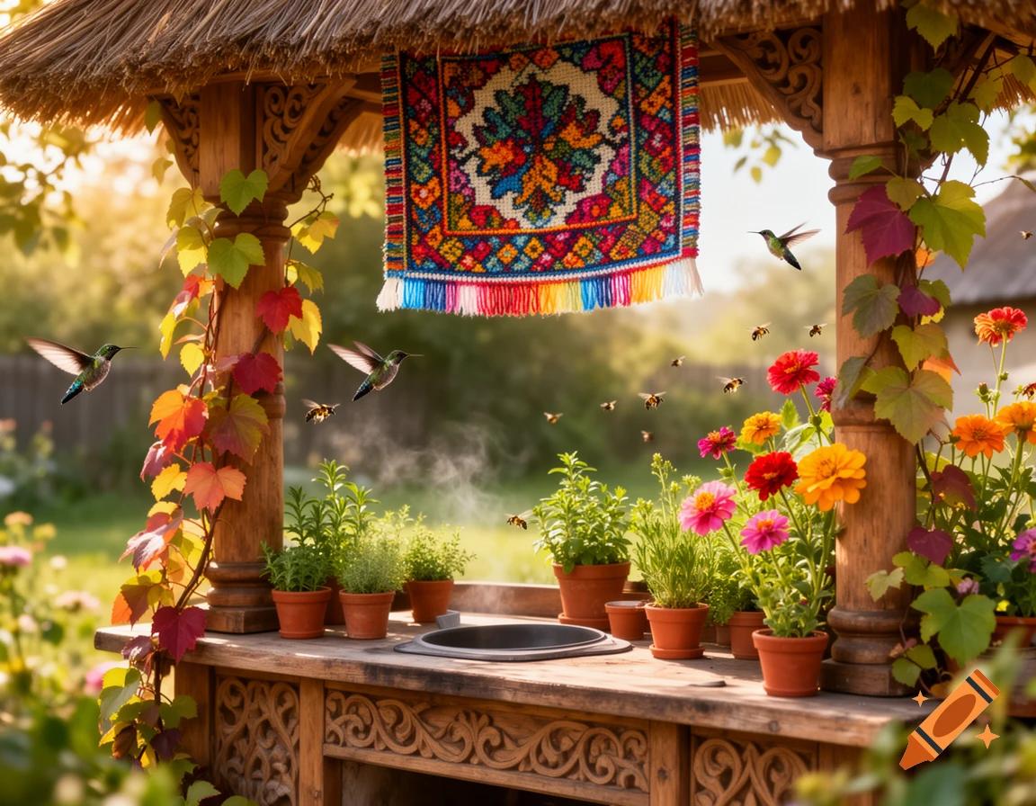 A vibrant outdoor kitchen with a Ukrainian tapestry, zinnias, herbs, vines, hummingbirds, and bees in a sunny garden.