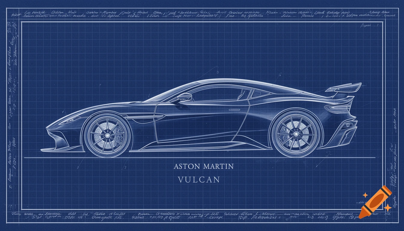 A white line drawing blueprint of a sleek Aston Martin Vulcan sports car, seen from the side, on a dark blue background with grid lines and technical annotations.