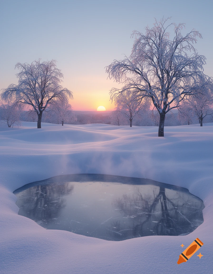 A serene winter landscape with snow-covered hills, frosted bare trees, and a partially frozen pond reflecting a colorful sunrise.