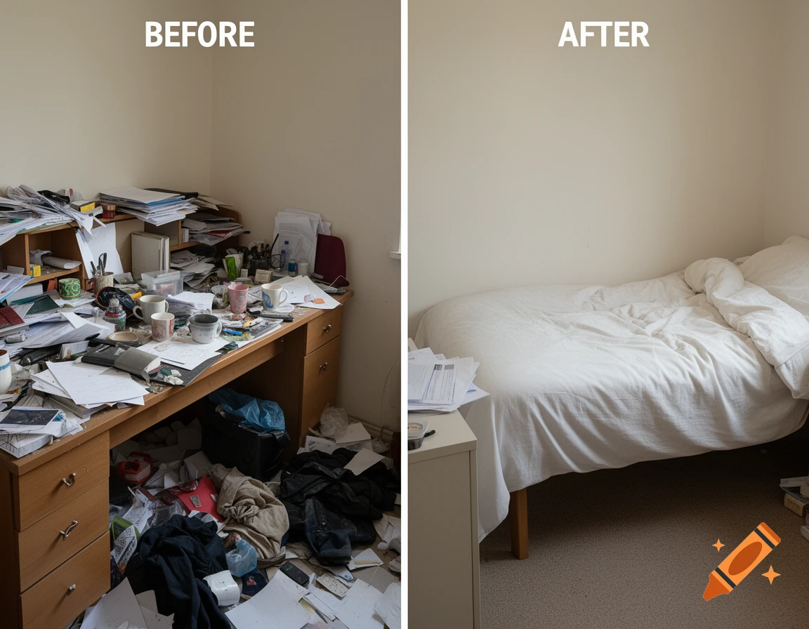 A split image showing a messy room with a cluttered desk and clothes on the floor on the left, labeled 'BEFORE', and a clean room with a neatly made bed on the right, labeled 'AFTER'.