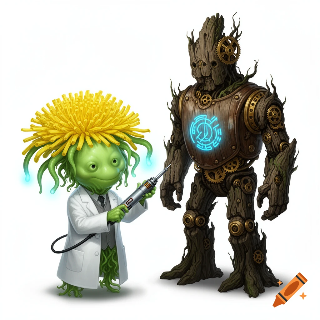A cute dandelion-headed plant alien in a lab coat holds a soldering iron next to a wooden robot with brass gears and blue glowing runes. Sci-fi fantasy illustration.