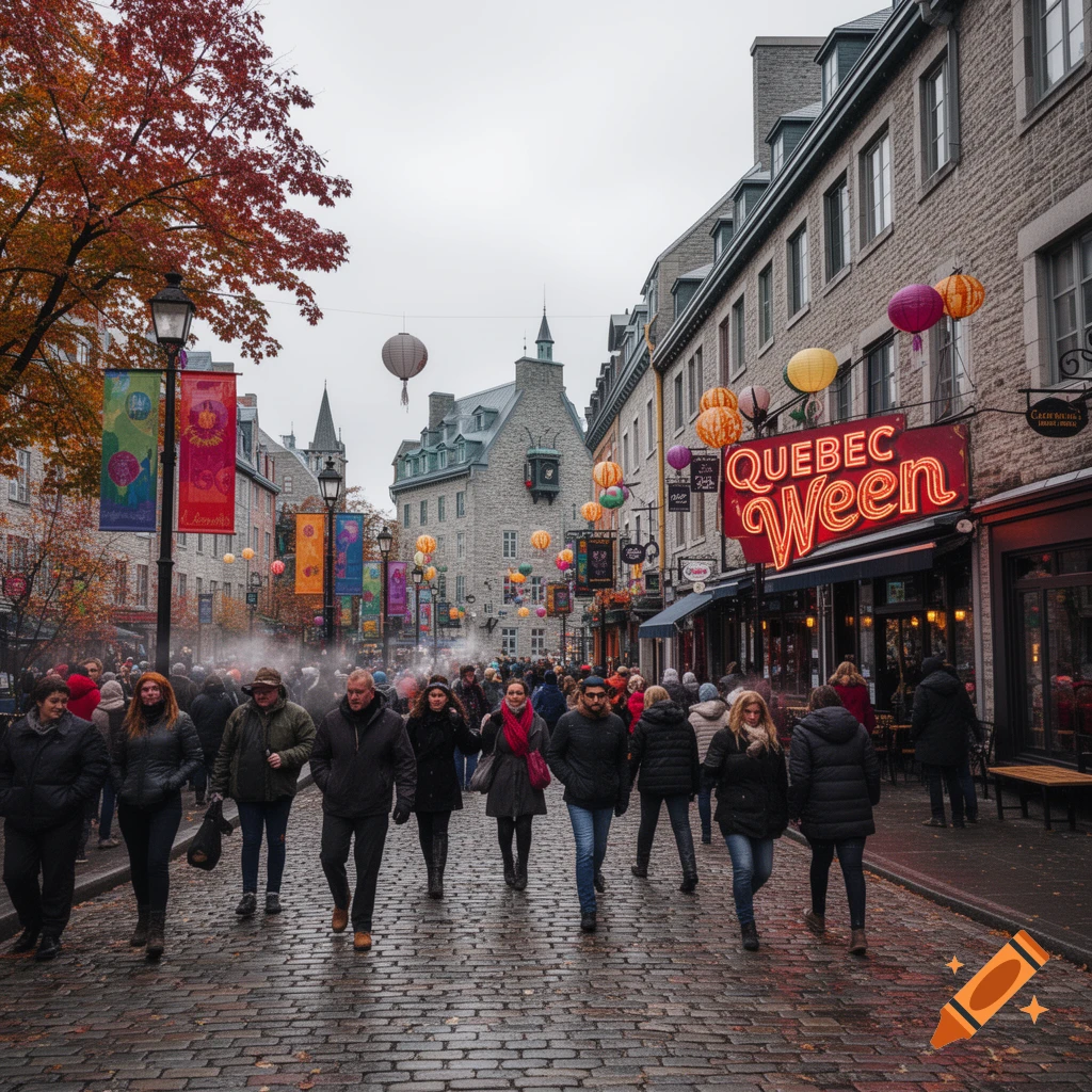 A crowded cobblestone street lined with historic buildings and autumn trees, featuring a neon sign that reads "QUEBEC Ween".