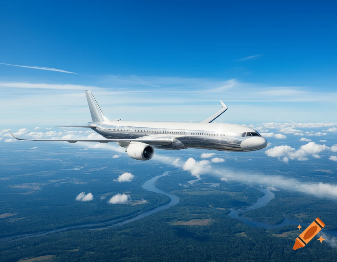 A large silver passenger airplane flies high in a clear blue sky above a winding river through a vast green forest, photorealistic.