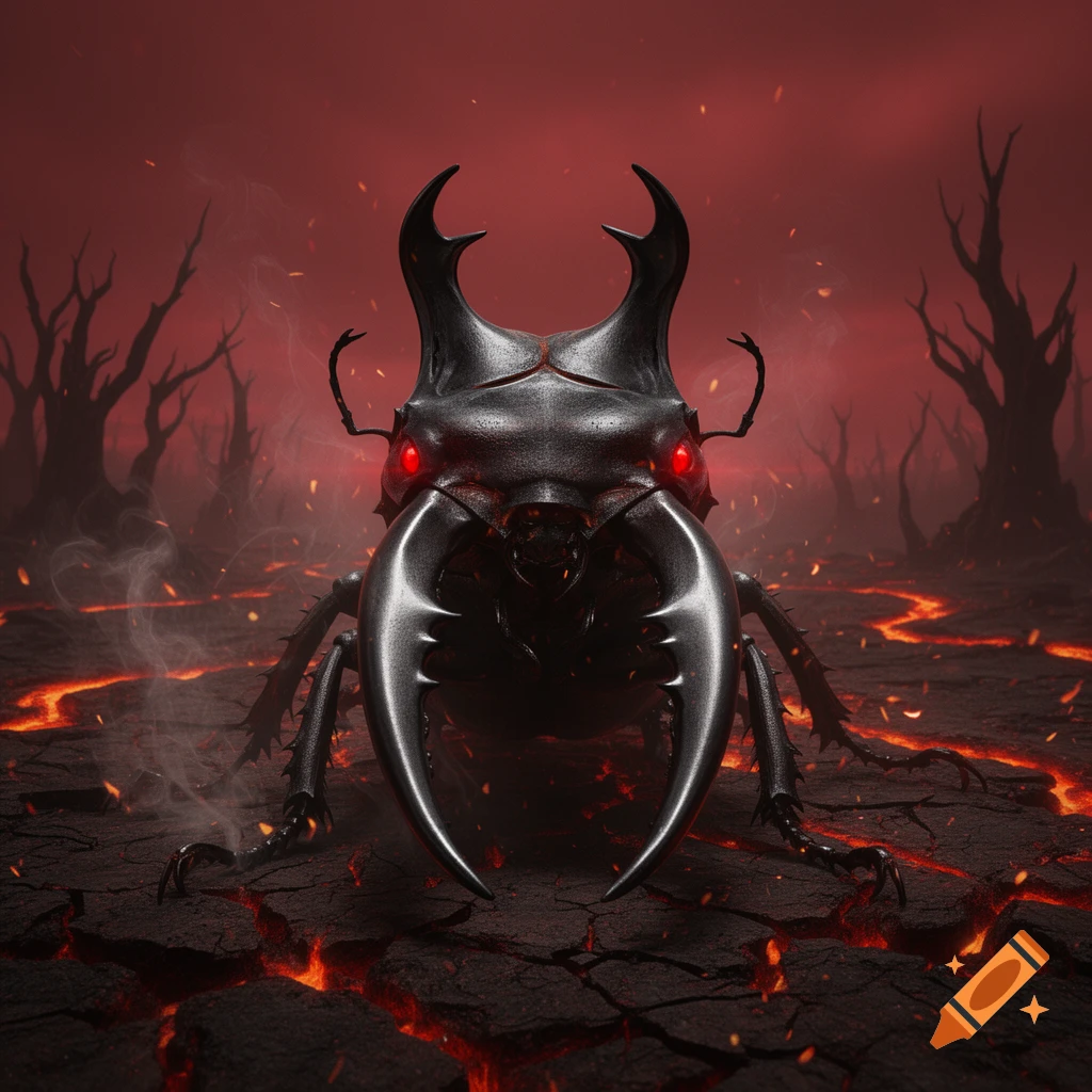 A giant metallic demonic stag beetle with glowing red eyes stands on cracked, lava-filled ground in a desolate, fiery red hellscape.