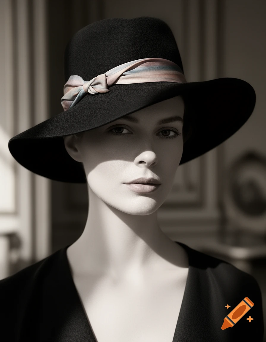 A sophisticated woman in a wide-brimmed black hat with a patterned ribbon, looking directly at the viewer, in a monochrome portrait.