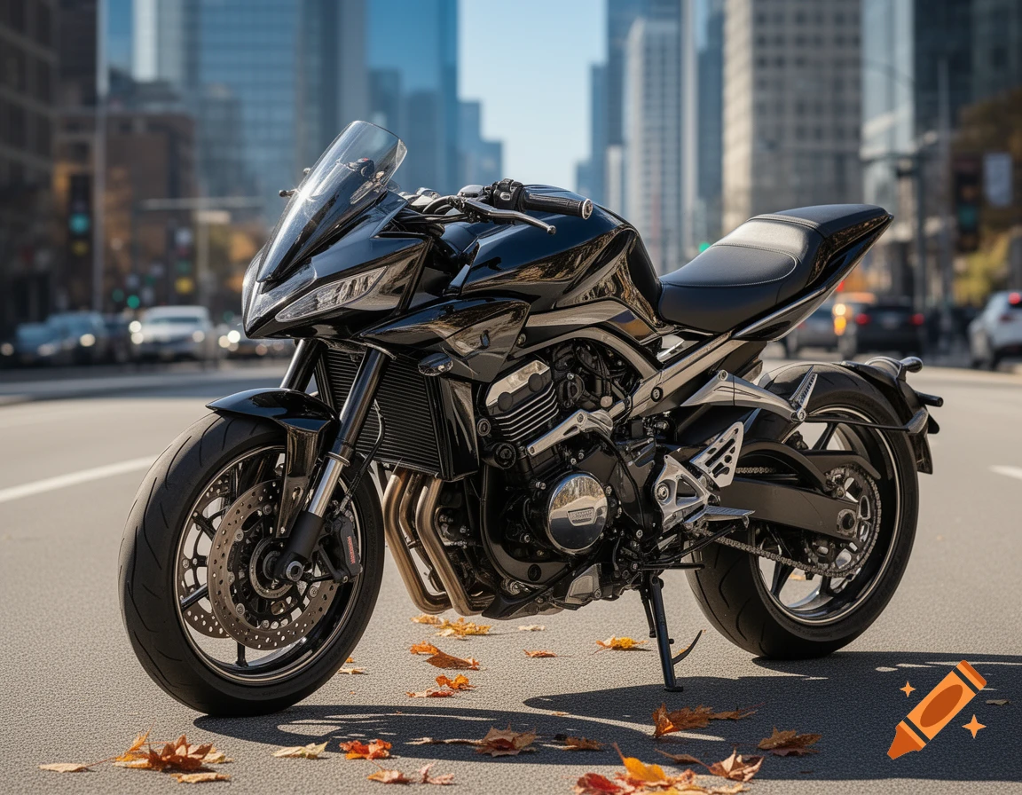 A photorealistic image of a sleek black motorcycle parked on an asphalt street in a bustling city with blurred buildings.