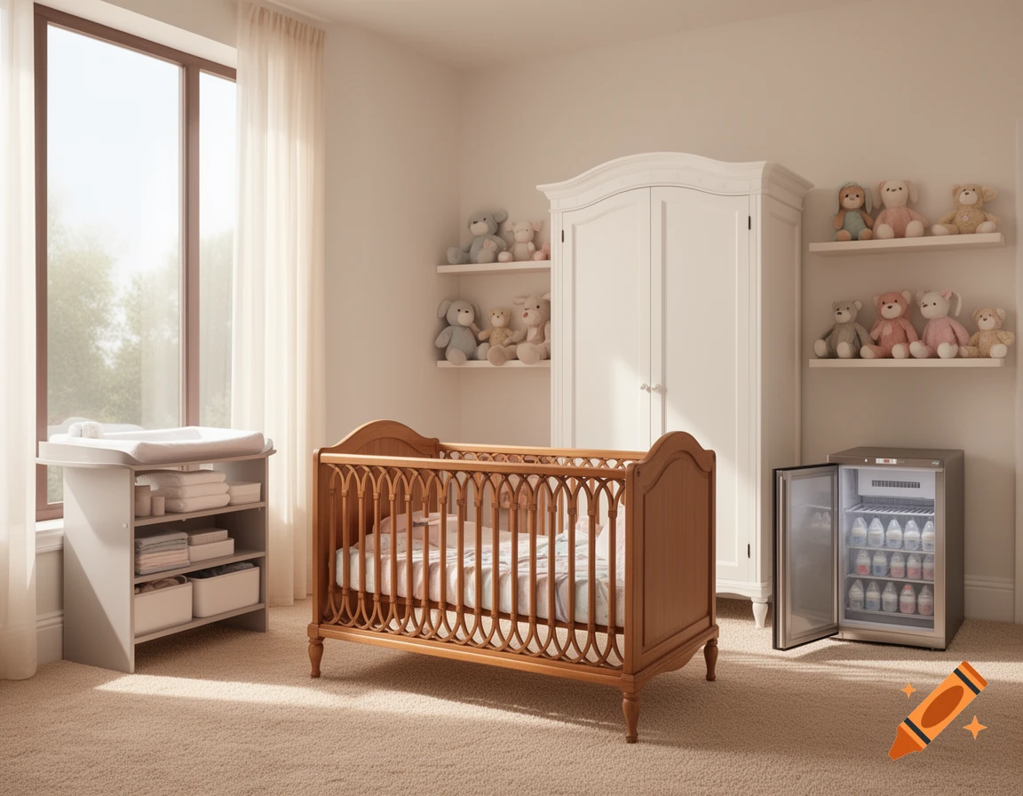 A bright, photorealistic nursery room with a wooden crib, changing table, white wardrobe, shelves with teddy bears, and a mini-fridge with bottles.