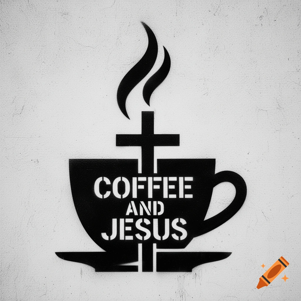 Black and white stencil of a coffee cup with a cross and 'COFFEE AND JESUS' text on a textured wall.